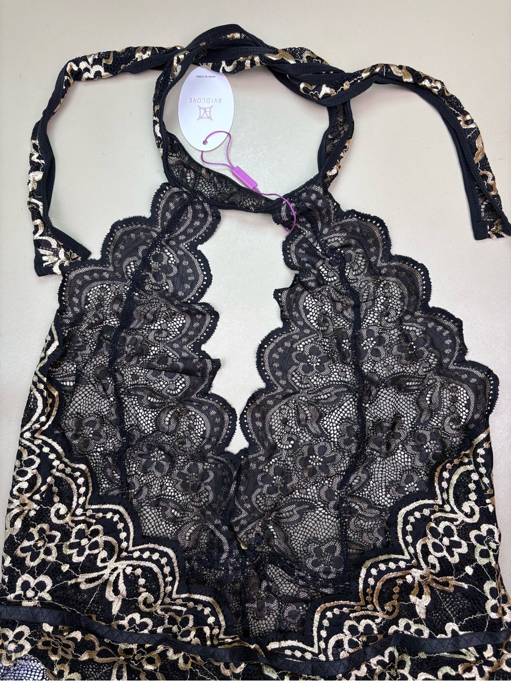 Avidlove Lace Teddy Bodysuit Black Gold Halter Cutout Lingerie 18W NWT - Picture 9 of 10